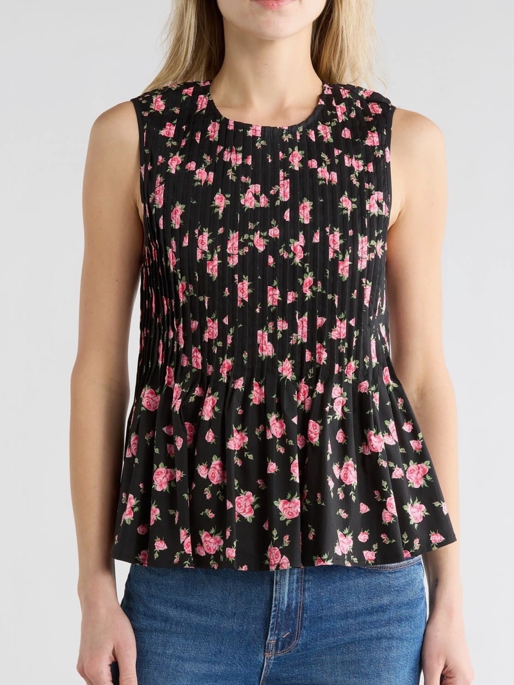WAYF Black & Pink Floral Pleated Peplum NWT Blouse Size Large
